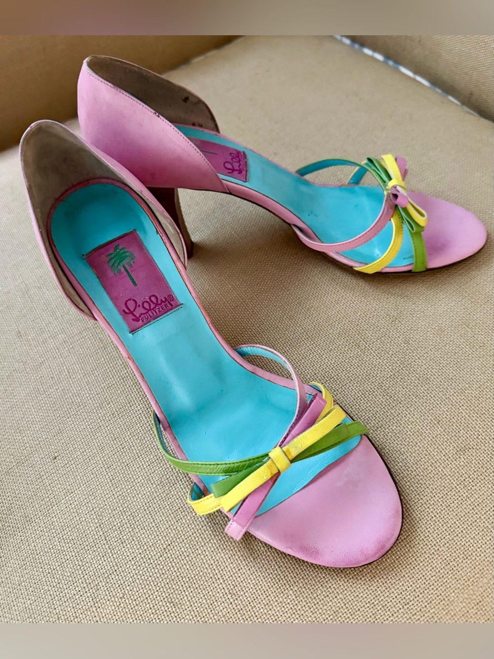 Vintage Lilly Pulitzer Pink Open-Toe Heels with Multicolor Bow Made in Italy